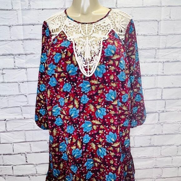 Entro Womens Multicolor Floral Print Crochet Lace Ruffle Hem Boho Dress Medium - Picture 2 of 7